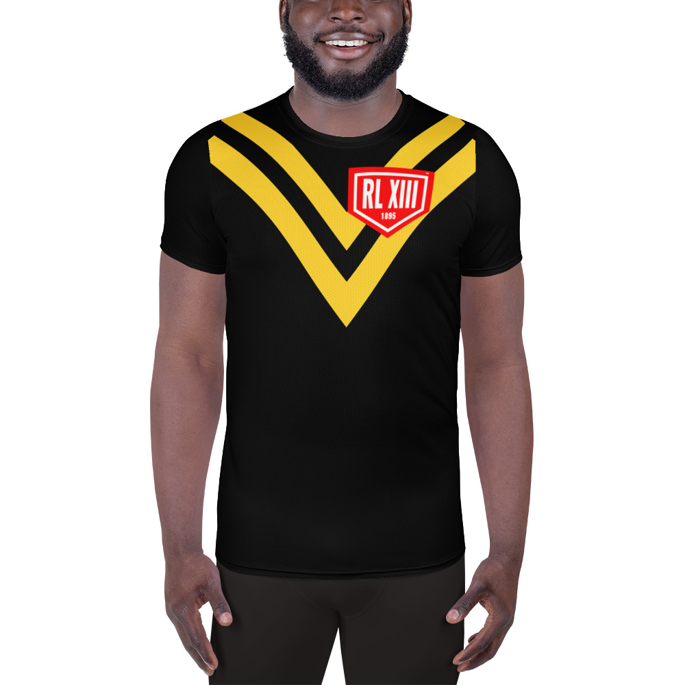 RL XIII Classic Yellow Full Chest Double-V on Black Rugby League T-Shirts on sale