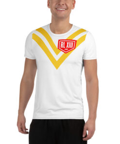Alternative view of RL XIII Classic Yellow Full Chest Double-V on White Rugby League T-Shirt