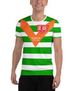 Alternative view of RL XIII Glasgow Rugby League Green & White Striped with Retro Orange V T-Shirt