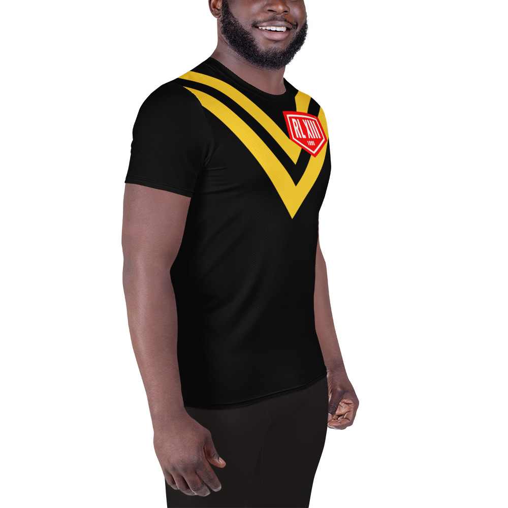 RL XIII Classic Yellow Full Chest Double-V on Black Rugby League T-Shirt - Image 4