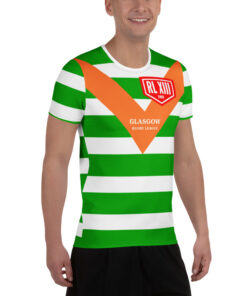 RL XIII Glasgow Rugby League Green & White Striped with Retro Orange V T-Shirt