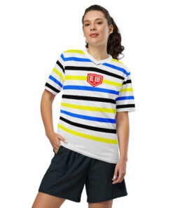 Alternative view of RL XIII Black Yellow & Blue Thin White Stripes Rugby League T-Shirt