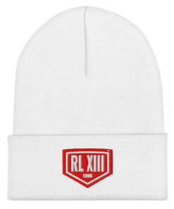 Alternative view of RL XIII White Cuffed Yupoong 1501KC Beanie with Red Logo
