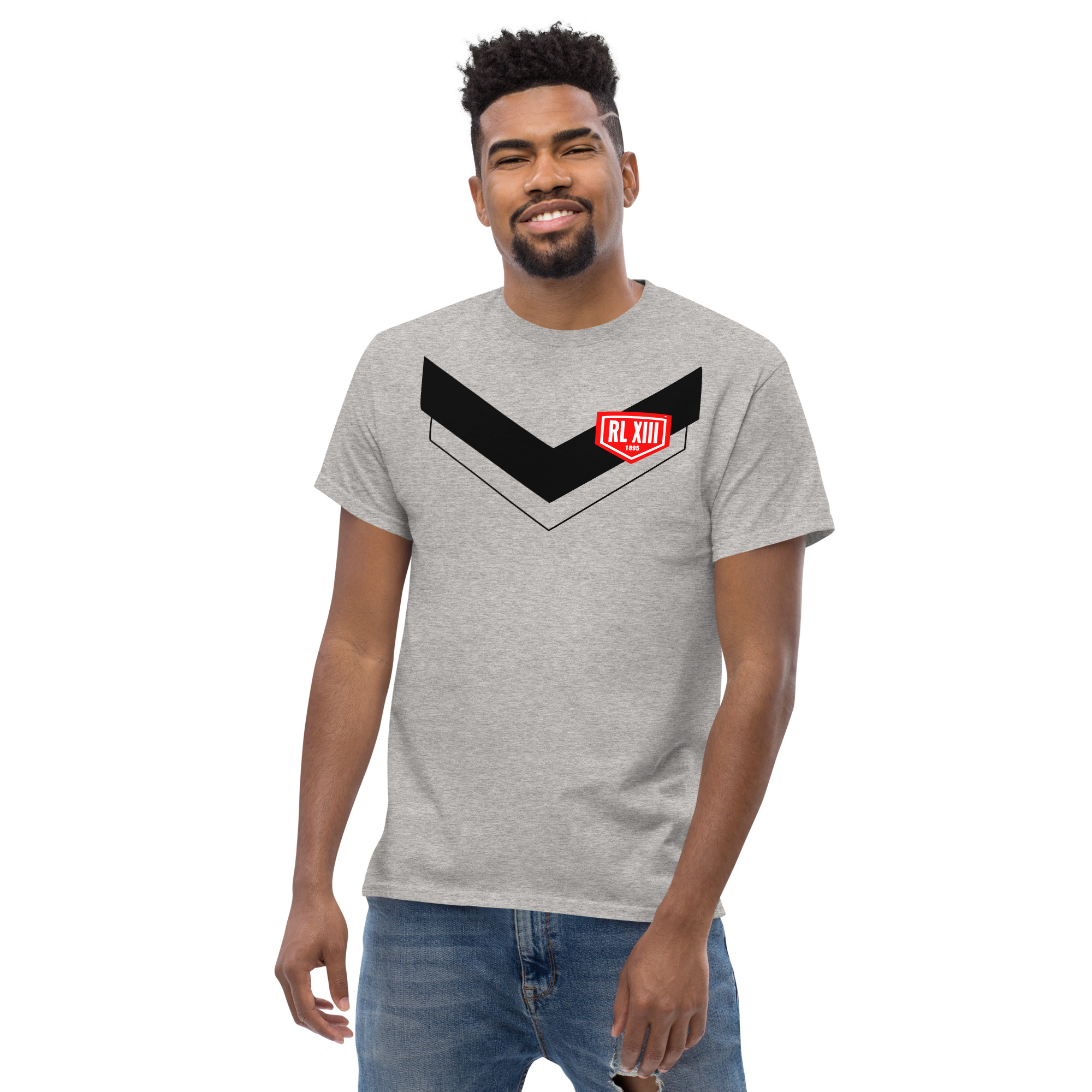 RL XIII Black Boxed Rugby League Chevron on Sport Grey T-Shirt - Image 3