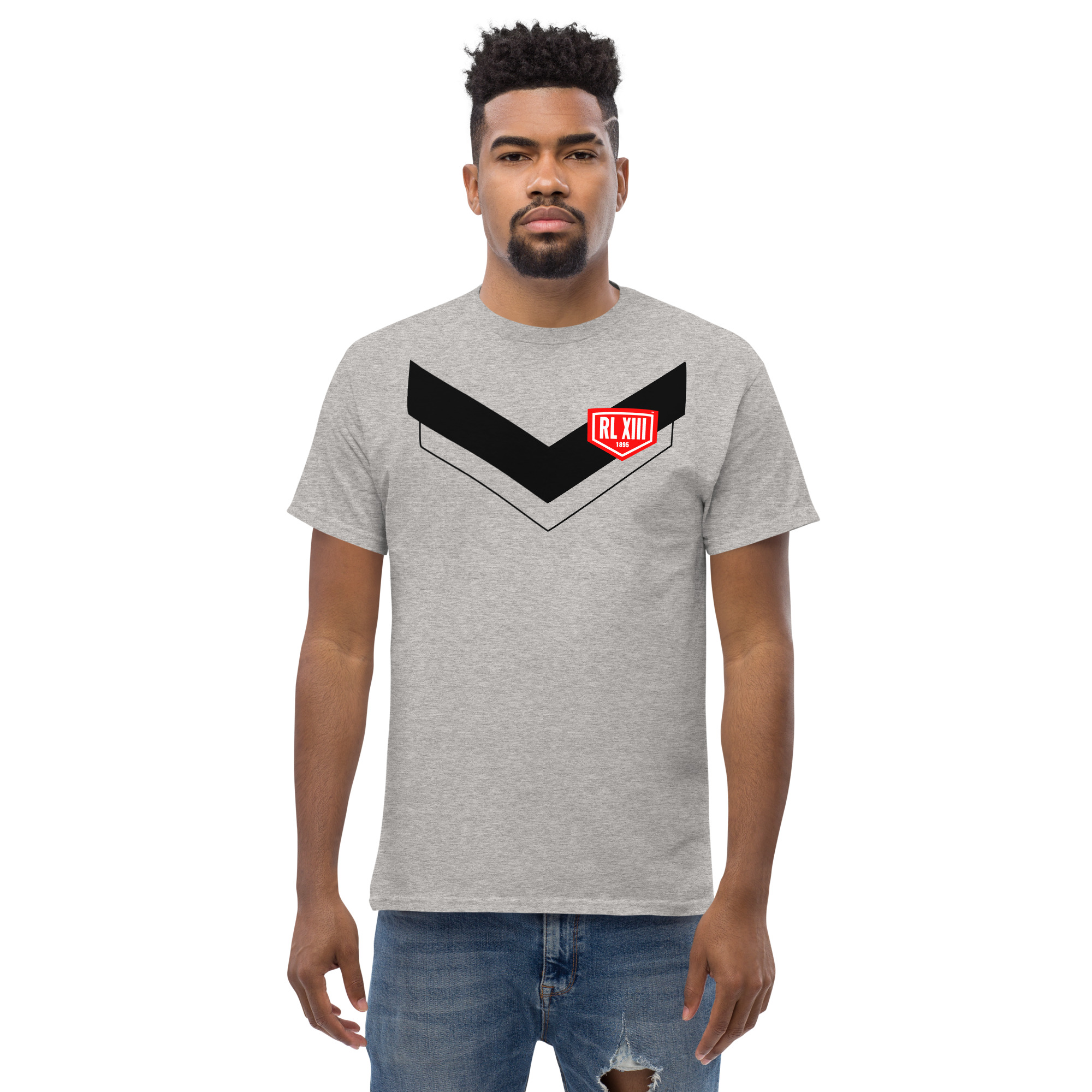 RL XIII Black Boxed Rugby League Chevron on Sport Grey T-Shirt - Image 2