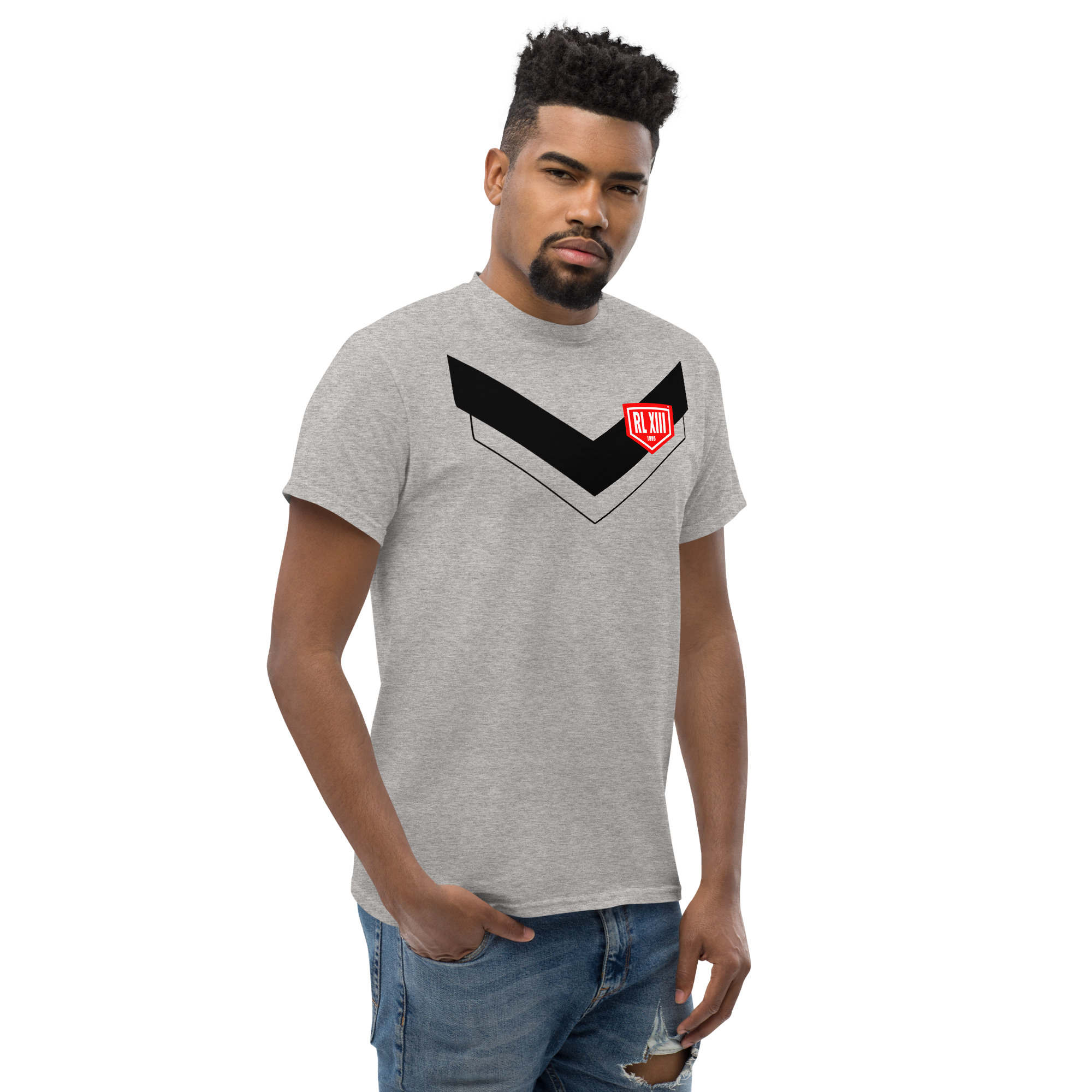 RL XIII Black Boxed Rugby League Chevron on Sport Grey T-Shirts on sale
